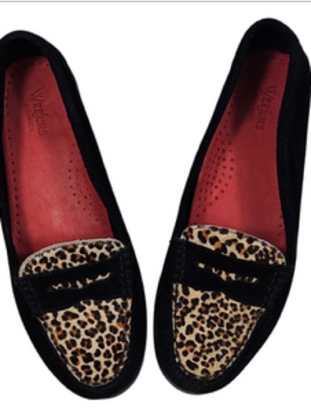 G.H. Bass & Co. Black Suede Leopard Print Penny Loafers with Red Insole Size 11
